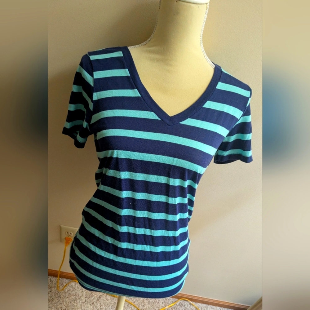 Arizona Jean Company Blue and Black Striped V-Neck Tee